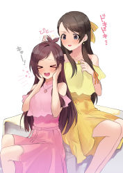 Rule 34 | &gt;o&lt;, 2girls, :o, absurdres, afterimage, antenna hair, asymmetrical bangs, bare legs, black hair, blush, brown hair, dress, earrings, feet out of frame, hands on own cheeks, hands on own face, highres, holding another&#039;s hair, idolmaster, idolmaster cinderella girls, jewelry, kurihara nene, looking at another, multiple girls, necklace, round teeth, simple background, sitting, sleeveless, sleeveless dress, sweatdrop, teeth, tsujino akari, white background, woruka