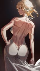Rule 34 | 1girl, absurdres, ass, back, backless dress, backless outfit, bare back, bare shoulders, black background, blonde hair, bracelet, breasts, butt crack, closed mouth, commentary, cozyu, dress, duplicate, from behind, genshin impact, gradient background, highres, jewelry, long dress, looking at viewer, looking back, lumine (genshin impact), medium breasts, short hair, simple background, sleeveless, solo, white dress, yellow eyes
