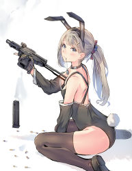 Rule 34 | 1girl, animal ears, blonde hair, blue eyes, rabbit ears, rabbit tail, commentary request, daito, detached sleeves, dog tags, fake animal ears, gloves, gun, highres, holding, holding weapon, magazine (weapon), original, partially fingerless gloves, playboy bunny, ponytail, shell casing, sitting, smoke, solo, submachine gun, tail, thighhighs, trigger discipline, wariza, weapon