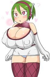 Rule 34 | 1girl, ?, blue panties, blush, breasts, cherry poi, cleavage, cleavage cutout, clothing cutout, covered collarbone, covered erect nipples, dress, elbow gloves, gloves, green hair, heart, heart-shaped pupils, huge breasts, panties, panty peek, solo, striped clothes, striped panties, symbol-shaped pupils, thighhighs, underwear, white background, white dress, white gloves, white panties, zoorine