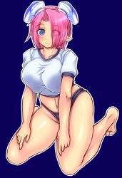 Rule 34 | 1girl, barefoot, blue background, blue eyes, blush, borrowed character, breasts, female focus, full body, gym uniform, hair over one eye, highres, kneeling, large breasts, looking at viewer, midriff, nanashi mushi, navel, one eye covered, original, outline, phantasy star, phantasy star zero, pink hair, plump, pointy ears, short hair, simple background, smile, solo, squatting, white outline, zefirumu