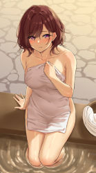 Rule 34 | 1girl, bare hips, bare shoulders, bathhouse, blush, breasts, brown hair, covered erect nipples, covered navel, covering privates, highres, higuchi madoka, idolmaster, idolmaster shiny colors, in water, kirou (kiruyuu1210), looking at viewer, medium breasts, naked towel, nude, nude cover, parted lips, purple eyes, sitting, solo, thighs, towel