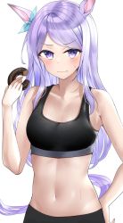 Rule 34 | 1girl, animal ears, bare shoulders, blush, bow, breasts, closed mouth, doughnut, ear bow, food, hand up, highres, holding, holding food, horse ears, kaku yone, long hair, looking at viewer, mejiro mcqueen (umamusume), midriff, navel, purple eyes, simple background, small breasts, solo, sports bra, sportswear, sweat, umamusume, upper body, v-shaped eyebrows, wavy hair, white background