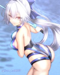 Rule 34 | 1girl, ass, back, bare shoulders, blue bow, blue one-piece swimsuit, bow, breasts, energy sword, fate/grand order, fate (series), free note017, hair between eyes, hair bow, highleg, highleg swimsuit, large breasts, long hair, looking at viewer, looking back, one-piece swimsuit, ponytail, red eyes, solo, swimsuit, sword, thigh strap, thighs, tomoe gozen (fate), tomoe gozen (swimsuit saber) (fate), tomoe gozen (swimsuit saber) (first ascension) (fate), two-tone swimsuit, weapon, white hair, white one-piece swimsuit
