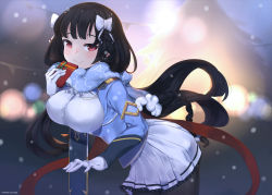 Rule 34 | 1girl, artist name, artist request, black hair, black pantyhose, blue scarf, blurry, blurry background, bow, braid, breasts, christmas tree, epic seven, gift, gloves, hair bow, highres, holding, holding gift, karin (epic seven), large breasts, leaning forward, long braid, long hair, long sleeves, looking at viewer, outdoors, pantyhose, red eyes, scarf, skirt, solo, somray, standing, string of flags, sword, weapon, white bow, white gloves, white skirt, winter