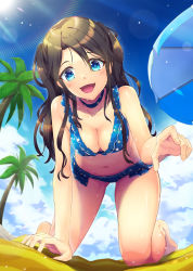 Rule 34 | 1girl, all fours, barefoot, bikini, black hair, blue bikini, blue choker, blue eyes, blue sky, blush, breasts, brown hair, choker, cleavage, cloud, collarbone, d-n, daisy, day, floral print, flower, flower bikini, flower choker, frilled bikini, frilled bikini top, frilled swimsuit, frills, idolmaster, idolmaster shiny colors, long hair, looking at viewer, medium breasts, mitsumine yuika, navel, no eyewear, open mouth, outdoors, palm tree, print bikini, print choker, print swimsuit, sand, sky, smile, solo, sun, swimsuit, tree, two side up, umbrella, wet