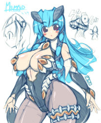 Rule 34 | :o, armor, blue hair, blush, breasts, cleavage, cosplay, demon girl, groin, horns, huge breasts, long hair, mel/a, melmaid, navel, red eyes, tail