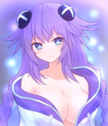 Rule 34 | 1girl, bare shoulders, blue eyes, blush, braid, breasts, cleavage, closed mouth, d-pad, d-pad hair ornament, expressionless, hair ornament, headgear, hood, hood down, hooded jacket, jacket, large breasts, long hair, neptune (neptunia), neptune (series), no bra, off shoulder, parka, partially unzipped, power symbol, power symbol-shaped pupils, purple hair, purple heart (neptunia), solo, staring, suta (clusta), symbol-shaped pupils, twin braids, twintails, upper body, very long hair