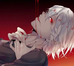 Rule 34 | 1boy, black shirt, blood, character request, check copyright, copyright request, fingernails, gradient background, grey hair, highres, kemono jihen, long fingernails, looking at viewer, male focus, nyazuta, pointy ears, red eyes, sharp fingernails, shirt, simple background, solo