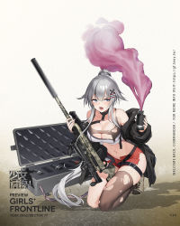 Rule 34 | 1girl, bare shoulders, belt, black choker, black jacket, blue eyes, bolt action, boots, breasts, brown thighhighs, c14 (girls&#039; frontline), c14 timberwolf, choker, cleavage, collarbone, crop top, explosive, fangs, full body, girls&#039; frontline, grenade, gun, hair flaps, hair ornament, hairclip, hand grenade, highres, holding, holding gun, holding weapon, jacket, kneeling, large breasts, leaning forward, leg belt, less-than-lethal weapon, long hair, long sleeves, looking at viewer, micro shorts, midriff, multicolored hair, navel, off shoulder, official art, open clothes, open fly, open jacket, open mouth, ponytail, pre (preecho), red shorts, rifle, scope, shirt, short shorts, shorts, silver hair, single thighhigh, skindentation, sleeveless, sleeveless shirt, smoke, smoke grenade, sniper rifle, solo, stomach, streaked hair, suppressor, thighhighs, thighs, torn clothes, torn shirt, torn shorts, torn thighhighs, very long hair, weapon, weapon case, white shirt, x hair ornament