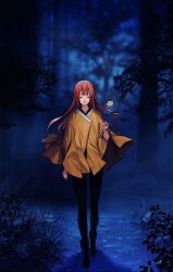Rule 34 | 1boy, black pantyhose, closed eyes, forest, her summon, long hair, lua (her summon), nature, night, night sky, open mouth, pantyhose, pink hair, shirt, skirt, sky, solo, trap, very long hair, yellow shirt