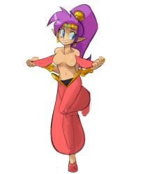 Rule 34 | 1girl, arabian clothes, averting eyes, bandeau, blue eyes, blush, breasts, breasts apart, collarbone, dark-skinned female, dark skin, embarrassed, female focus, filthypaladin, flashing, full body, grin, hair ornament, hairband, hands up, harem pants, jewelry, knees together feet apart, leg lift, long hair, looking to the side, medium breasts, navel, nipples, open clothes, pants, pointy ears, pointy footwear, ponytail, purple hair, red bandeau, red footwear, red pants, red tube top, ring, see-through, shantae, shantae (series), shoes, simple background, smile, solo, standing, standing on one leg, strapless, teeth, tube top, white background