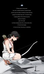 Rule 34 | 1girl, absurdres, artemis (mythology), barefoot, black hair, bow (weapon), braid, earth (planet), english text, greek mythology, highres, looking down, moon, nasa, planet, pzkpfwi, quiver, robe, rocket, space, squatting, toga, weapon, white robe