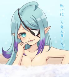 Rule 34 | 10s, 1girl, aqua hair, blue eyes, blush, breasts, censored, convenient censoring, eyepatch, green lips, hilary flail, inazuma11a, inazuma eleven (series), inazuma eleven go, inazuma eleven go galaxy, large breasts, lipstick, long hair, makeup, multicolored hair, parted lips, pointy ears, purple hair, solo, topless, translation request, two-tone hair