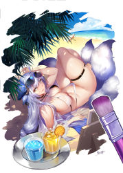 Rule 34 | 1girl, ahoge, artist name, azur lane, beach, bikini, boat, breasts, brown eyes, drink, eyewear on head, fox mask, fox tail, halterneck, highres, large breasts, bridal garter, long hair, looking at viewer, lying, mask, mask on head, multiple tails, nail polish, niccya, ocean, on back, paintbrush, sand, see-through, smile, solo, sunglasses, sunglasses on head, swimsuit, tail, thighs, tosa (azur lane), tosa (hometown zest) (azur lane), watercraft, wet, wet clothes, white hair