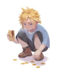 Rule 34 | 1boy, bag, black shorts, blonde hair, blue eyes, boots, brown footwear, child, cloud strife, coin, final fantasy, final fantasy vii, gold coin, ho fan, holding, holding bag, looking down, low ponytail, male focus, shirt, short hair, short ponytail, short sleeves, shorts, solo, squatting, white background, white shirt