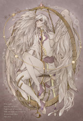Rule 34 | 1boy, aruco, cardcaptor sakura, chain, chained, chain, crescent, feathers, full body, long hair, male focus, no shoes, silver hair, sitting, solo, toeless legwear, wings, yue (cardcaptor sakura)