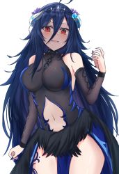 Rule 34 | 1girl, ahoge, bare shoulders, blue hair, blue nails, blush, breasts, broken horn, clothing cutout, commentary, cowboy shot, cyberlive, detached sleeves, english commentary, hair between eyes, hair ornament, highres, horns, large breasts, long hair, long sleeves, looking at viewer, nail polish, navel, navel cutout, oumiya emma, parted lips, red eyes, shuuzo3, simple background, smile, solo, thighs, virtual youtuber, white background