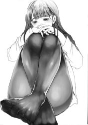 Rule 34 | 1girl, commentary request, feet, greyscale, long hair, looking at viewer, monochrome, original, pantyhose, satsuki hayanori, see-through, simple background, sitting, solo, white background