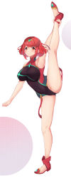Rule 34 | 1girl, aqua gemstone, bare shoulders, black one-piece swimsuit, breasts, chest jewel, commentary request, competition swimsuit, covered navel, drop earrings, earrings, flexible, full body, gem, headpiece, highres, jewelry, kiiro kimi, large breasts, leg lift, leg up, legs, looking at viewer, official alternate costume, one-piece swimsuit, pyra (pro swimmer) (xenoblade), pyra (xenoblade), red eyes, red hair, red one-piece swimsuit, ribbed swimsuit, short hair, smile, solo, split, standing, standing on one leg, standing split, striped clothes, striped one-piece swimsuit, swept bangs, swimsuit, thighs, tiara, two-tone swimsuit, vertical-striped clothes, vertical-striped one-piece swimsuit, xenoblade chronicles (series), xenoblade chronicles 2
