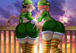 Rule 34 | 1boy, 1girl, androgynous, artemisumi, ass, astolfo (fate), blue eyes, blush, bow, braid, cosplay, cropped jacket, crossover, fate/apocrypha, fate/grand order, fate (series), from behind, hand on ass, hat, highres, leaning, leaning forward, long hair, looking at viewer, looking back, open mouth, pink hair, psychic force, short shorts, shorts, single braid, smile, striped clothes, striped thighhighs, sunset, taito, thighhighs, trap, very long hair, wendy ryan, wendy ryan (cosplay)