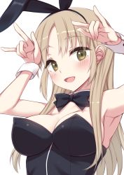 Rule 34 | 1girl, animal ears, armpits, arms up, bare shoulders, black bow, blush, bow, breasts, brown eyes, brown hair, cleavage, fake animal ears, fingernails, fuji yoshida, highres, large breasts, leotard, long hair, looking to the side, nijisanji, open mouth, parted bangs, playboy bunny, rabbit ears, rabbit girl, rabbit pose, simple background, sister claire, solo, virtual youtuber