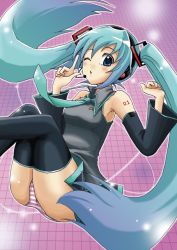 Rule 34 | armpits, bad id, bad pixiv id, blue eyes, blue hair, detached sleeves, hatsune miku, headphones, long hair, necktie, one eye closed, panties, pantyshot, pochi (pochi-goya), sitting, solo, striped clothes, striped panties, thighhighs, twintails, underwear, very long hair, vocaloid, wink