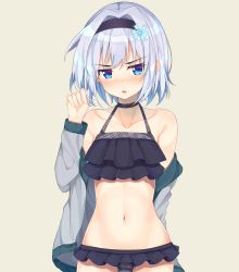 Rule 34 | 10s, 1girl, absurdres, arm behind back, beige background, bikini, black bikini, black hairband, blue eyes, blush, collarbone, commentary request, frilled bikini, frills, hair ornament, hairband, highres, looking to the side, mottsun (i 40y), open mouth, ryuuou no oshigoto!, short hair, silver hair, simple background, snowflake hair ornament, solo, sora ginko, standing, swimsuit