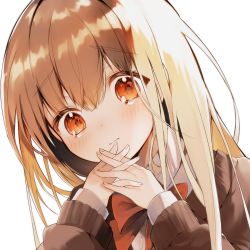 Rule 34 | 1girl, bow, bowtie, brown hair, closed mouth, commentary, highres, long hair, long sleeves, looking at viewer, masi masio, orange eyes, original, own hands together, red bow, red bowtie, simple background, solo, symbol-only commentary, upper body, white background