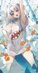 Rule 34 | 1girl, absurdres, air bubble, arm up, blue eyes, blue hair, bubble, clownfish, fins, fish, fish tail, gawr gura, grey hair, hair ornament, highres, hololive, hololive english, ijac ray, looking at viewer, loose clothes, loose shirt, multicolored hair, shark girl, shark hair ornament, shark tail, sharp teeth, shirt, smile, solo, streaked hair, t-shirt, tail, teeth, two side up, virtual youtuber