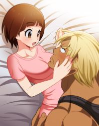 Rule 34 | 10s, 1boy, 1girl, bed sheet, blonde hair, blush, breasts, brown eyes, brown hair, gamagoori ira, hand in another&#039;s hair, hand on another&#039;s head, he pu pu, hetero, hug, kill la kill, looking at another, mankanshoku mako, muscular, open mouth, shirt, short hair, size difference