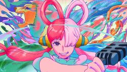 Rule 34 | 1girl, animal, bird, dress, grin, headphones, highres, holding, holding microphone, horse, idol, lion, long hair, looking at viewer, microphone, multicolored hair, music, official art, one piece, one piece film: red, pink eyes, psychedelic, screencap, simple background, smile, standing, translation request, two-tone hair, uta (one piece), very long hair, whale, white dress