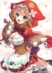 Rule 34 | 1girl, :d, animal ears, animal hands, animal hood, apron, blush, braid, breasts, brown gloves, brown hair, capelet, cleavage, commentary request, copyright notice, fake animal ears, flower, frilled apron, frills, gloves, green eyes, hair between eyes, hair over shoulder, hood, hood up, hooded capelet, large breasts, long hair, looking at viewer, nijisanji, official art, open mouth, paw gloves, petals, pink flower, plaid, plaid skirt, red capelet, red skirt, shirt, skirt, smile, solo, twin braids, virtual youtuber, waist apron, warabeda meiji, watermark, white apron, white shirt, yamabukiiro