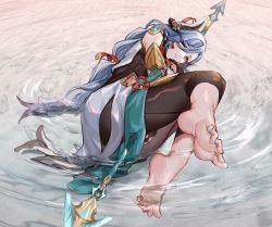 Rule 34 | 1girl, barefoot, blue eyes, blue hair, braid, feet, foreshortening, genshin impact, has bad revision, has downscaled revision, hip vent, light blue hair, long hair, looking at viewer, low-braided long hair, low-tied long hair, lying, md5 mismatch, nail polish, on side, one eye closed, resolution mismatch, shenhe (genshin impact), soles, source smaller, staff, toes, water