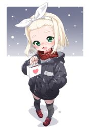 Rule 34 | 1girl, black jacket, black thighhighs, blonde hair, bow hairband, commentary request, fang, green eyes, hair ribbon, hairband, hand in pocket, heavy breathing, jacket, kantai collection, long sleeves, looking at viewer, luigi torelli (kancolle), medium hair, nassukun, open mouth, paid reward available, red footwear, red scarf, ribbon, scarf, shoes, solo, standing, thighhighs, white hairband, white ribbon