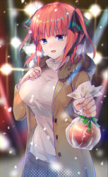 Rule 34 | 1girl, absurdres, apple, bag, black ribbon, blunt bangs, blurry, blurry background, breasts, brown coat, butterfly hair ornament, coat, dymao, food, foreshortening, fruit, fur-trimmed coat, fur trim, go-toubun no hanayome, green ribbon, hair ornament, hair ribbon, hand on own chest, highres, holding, large breasts, long sleeves, nakano nino, open clothes, open coat, open mouth, pink hair, plastic bag, pleated skirt, ribbon, skirt, smile, snowing, solo, sweater, turtleneck, turtleneck sweater, white sweater, winter, winter clothes
