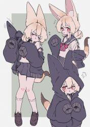 Rule 34 | &gt; &lt;, 1girl, :&lt;, puff of air, absurdres, animal ear fluff, animal ears, animal hood, arm at side, bandaid, bandaid on clothes, black hoodie, blonde hair, blush, blush stickers, border, bow, brown footwear, closed mouth, clothes tug, commentary request, cropped torso, double bun, film grain, flying sweatdrops, fox ears, fox girl, fox tail, full body, green bow, grey sailor collar, grey skirt, hair bun, hand up, hands up, highres, hood, hood up, hoodie, jacket, jacket partially removed, jitome, kneehighs, knees together feet apart, long sleeves, looking at viewer, looking to the side, medium hair, megateru, motion lines, multiple views, nose blush, notice lines, open clothes, open hoodie, original, outside border, parted lips, pigeon-toed, pleated skirt, pout, red eyes, sailor collar, school uniform, serafuku, shirt, short sleeves, sidelocks, simple background, skirt, sleeves past fingers, sleeves past wrists, socks, tail, white border, white shirt, white socks