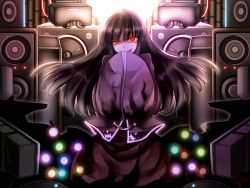 Rule 34 | 1girl, :p, amplifier, black hair, female focus, glowing, glowing eyes, hands in opposite sleeves, houraisan kaguya, kazetto, skirt, solo, tongue, tongue out, touhou