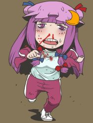 Rule 34 | 1girl, alternate costume, blood, blood on clothes, crescent, female focus, hair ribbon, hat, jacket, long hair, long sleeves, nosebleed, onikobe rin, open clothes, open jacket, open mouth, pants, patchouli knowledge, purple eyes, purple hair, ribbon, running, shirt, shoes, sneakers, solo, sweat, touhou, track jacket, track pants, track suit