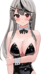 Rule 34 | 1girl, bare shoulders, black bow, black bowtie, black hair, black leotard, blush, bow, bowtie, breasts, cleavage, detached collar, grey hair, hair ornament, hololive, large breasts, leotard, long hair, looking at viewer, multicolored hair, playboy bunny, red eyes, sakamata chloe, sasasa11070, smile, solo, strapless, strapless leotard, streaked hair, virtual youtuber, wrist cuffs, x hair ornament
