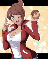 Rule 34 | 10s, 1girl, ;d, asahina aoi, blue eyes, breasts, brown hair, cleavage, danganronpa: trigger happy havoc, danganronpa (series), dark-skinned female, dark skin, doughnut, food, hair ornament, hairclip, jacket, large breasts, long hair, omagu, one eye closed, open clothes, open jacket, open mouth, ponytail, simple background, smile, solo, striped, striped background, tan, track jacket