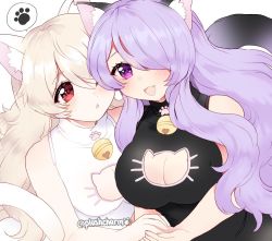 Rule 34 | 2girls, alternate costume, animal ears, bad id, bad twitter id, bell, breasts, camilla (fire emblem), cat cutout, cat ears, cat tail, cleavage, cleavage cutout, clothing cutout, corrin (female) (fire emblem), corrin (fire emblem), fire emblem, fire emblem fates, hair over one eye, holding hands, large breasts, long hair, multiple girls, nintendo, open mouth, plushcharm, purple eyes, purple hair, red eyes, simple background, sleeveless, tail, twitter username, white background, white hair