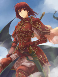 Rule 34 | 1girl, armor, day, dragon riding, earrings, fire emblem, fire emblem: mystery of the emblem, fire emblem: shadow dragon, gauntlets, gloves, harushino, headband, jewelry, minerva (fire emblem), nintendo, red armor, red eyes, red hair, short hair, sky, solo, sword, weapon