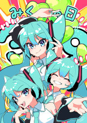 Rule 34 | 3girls, :d, absurdres, armpit crease, bare shoulders, blue eyes, blue hair, blue nails, blue necktie, blush, clone, closed eyes, closed mouth, collarbone, collared shirt, double v, facing viewer, grin, hair between eyes, hands up, hatsune miku, headset, highres, kinosuke (pattaba), long hair, looking at viewer, microphone, miku day, multiple girls, nail polish, necktie, number tattoo, open hand, open mouth, outstretched arm, raised eyebrows, reaching, reaching towards viewer, shirt, sidelocks, sleeveless, sleeveless shirt, smile, tattoo, teeth, twintails, upper body, v, very long hair, vocaloid, white shirt