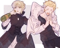Rule 34 | 1boy, 1girl, artoria pendragon (all), artoria pendragon (fate), black dress, black pants, black ribbon, black shirt, blonde hair, blush stickers, border, bottle, braid, breasts, carnival phantasm, closed eyes, clothes grab, coat, collarbone, commentary request, cowboy shot, diamond cutout, dress, drooling, drunk, earrings, fate/stay night, fate (series), french braid, frilled sleeves, frills, fur-trimmed coat, fur trim, gilgamesh (fate), grey background, hair bun, hair ribbon, heart, highres, holding, holding bottle, interlocked fingers, jewelry, long sleeves, machi (uqyjee), medium breasts, mouth drool, open clothes, open coat, open mouth, outside border, own hands clasped, own hands together, pants, pulling, ribbon, saber alter, shirt, short hair, sidelocks, simple background, single hair bun, white border, white coat, yellow eyes
