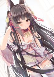 Rule 34 | 1girl, adjusting hair, animal ears, azur lane, bent over, black hair, blunt bangs, blush, breasts, casual, cleavage, commentary request, detached collar, eyes visible through hair, fox ears, hair ornament, long hair, looking at viewer, madotsukumo, midriff, nagato (azur lane), nagato (guardian fox&#039;s vacation) (azur lane), navel, official alternate costume, parted lips, plaid, plaid shorts, shorts, sidelocks, simple background, small breasts, solo, striped clothes, striped thighhighs, thighhighs, yellow eyes, zettai ryouiki