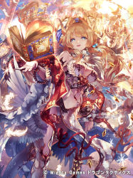 Rule 34 | + +, 1girl, blonde hair, blue eyes, book, breasts, character request, cleavage, company name, dragon tactics, earrings, floating, floating book, floating object, from below, gem, glowing, grey thighhighs, highres, jewelry, looking at viewer, medium breasts, midriff, natsuiro xx, navel, official art, outstretched arm, red gemstone, revealing clothes, smile, solo, sparkle, tagme, thighhighs, watermark, white thighhighs, wide sleeves, wings