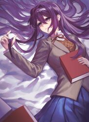 Rule 34 | 1girl, bed sheet, blue skirt, book, bow, bowtie, breasts, brown jacket, brown sweater vest, commentary, cowboy shot, doki doki literature club, expressionless, from above, hair intakes, hair spread out, highres, holding, holding book, holding own hair, jacket, large breasts, light frown, looking afar, looking to the side, loose hair strand, lying, mutchang043, neck ribbon, on back, on bed, playing with own hair, pleated skirt, purple eyes, purple hair, red bow, red bowtie, red ribbon, ribbon, school uniform, shirt, skirt, solo, sweater vest, white shirt, yuri (doki doki literature club)
