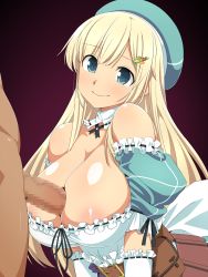 Rule 34 | 1girl, areola slip, bare shoulders, blonde hair, blue eyes, blush, breasts, censored, cleavage, closed mouth, detached collar, dress, gloves, gradient background, happy, hat, highres, large breasts, loliconder, long hair, looking at another, mosaic censoring, off shoulder, paizuri, penis, senran kagura, simple background, smile, solo focus, standing, upper body, yomi (senran kagura)