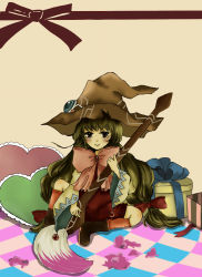 Rule 34 | 1girl, beryl benito, boots, bow, box, brown background, brown eyes, brown hair, brush, freckles, frills, gift, gift box, hat, highres, long hair, paint, pillow, ribbon, socks, tales of (series), tales of hearts, wide sleeves, witch hat